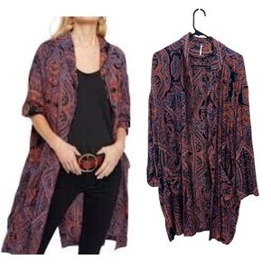 Free People Half Moon Paisley Duster Kimono Size S | Boho Long Cardigan